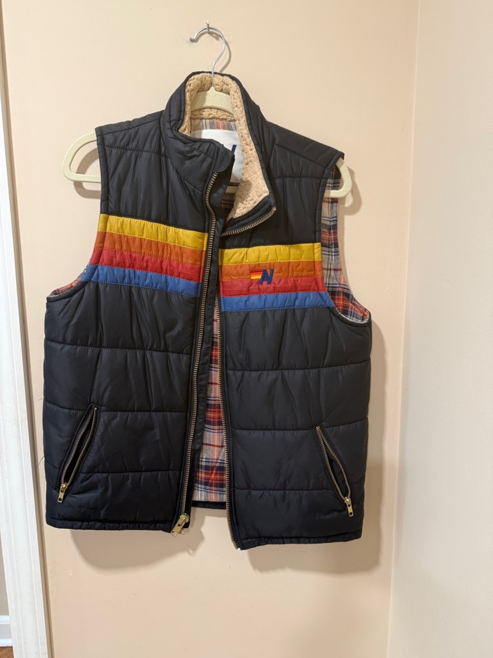 Aviator Nation Black Puffer Vest with Yellow, Red & Blue Stripe